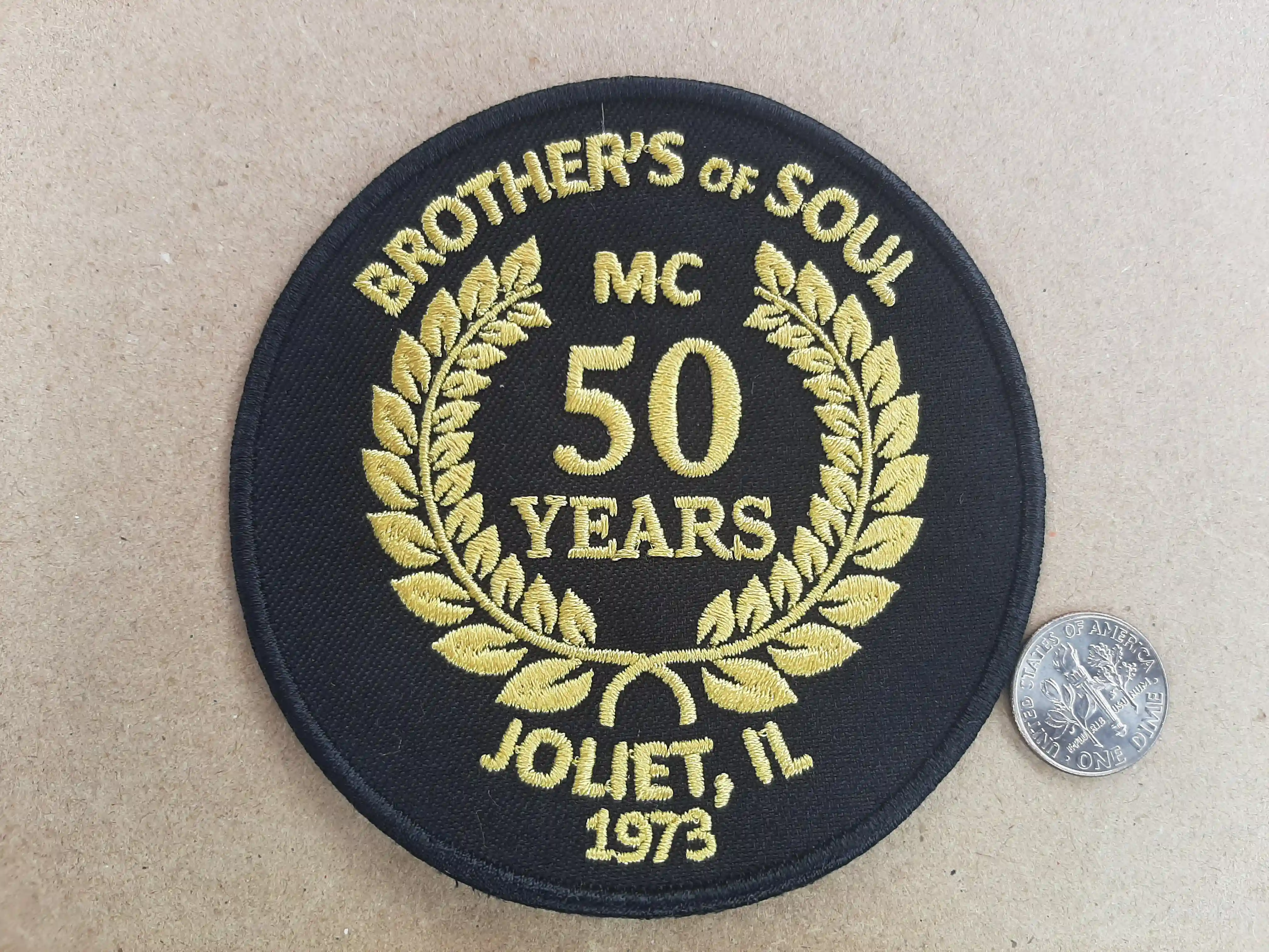 GOLD Metallic Thread creates a special effect of Laurel Wreath embroidery for the 50 yr Celeberation.  Crispness + Perfection.  Mastery in Details Brothers of Soul Motorcycle Club